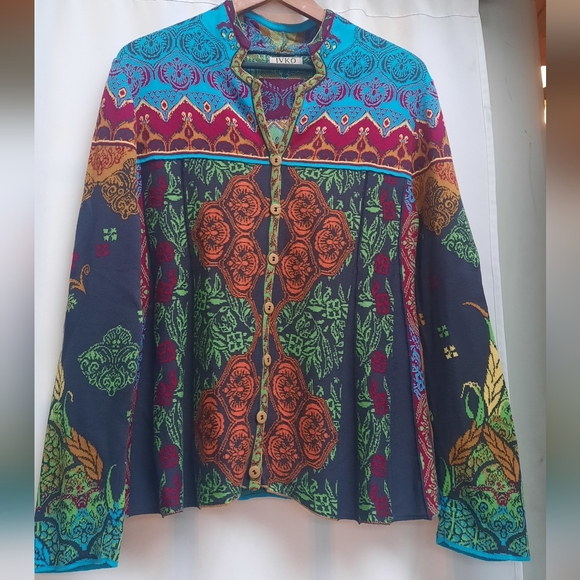 IVKO Women Nehru Neck Colorful Ornament Pattern Cardigan Sweater Jacket   EUR 44 - Picture 1 of 10